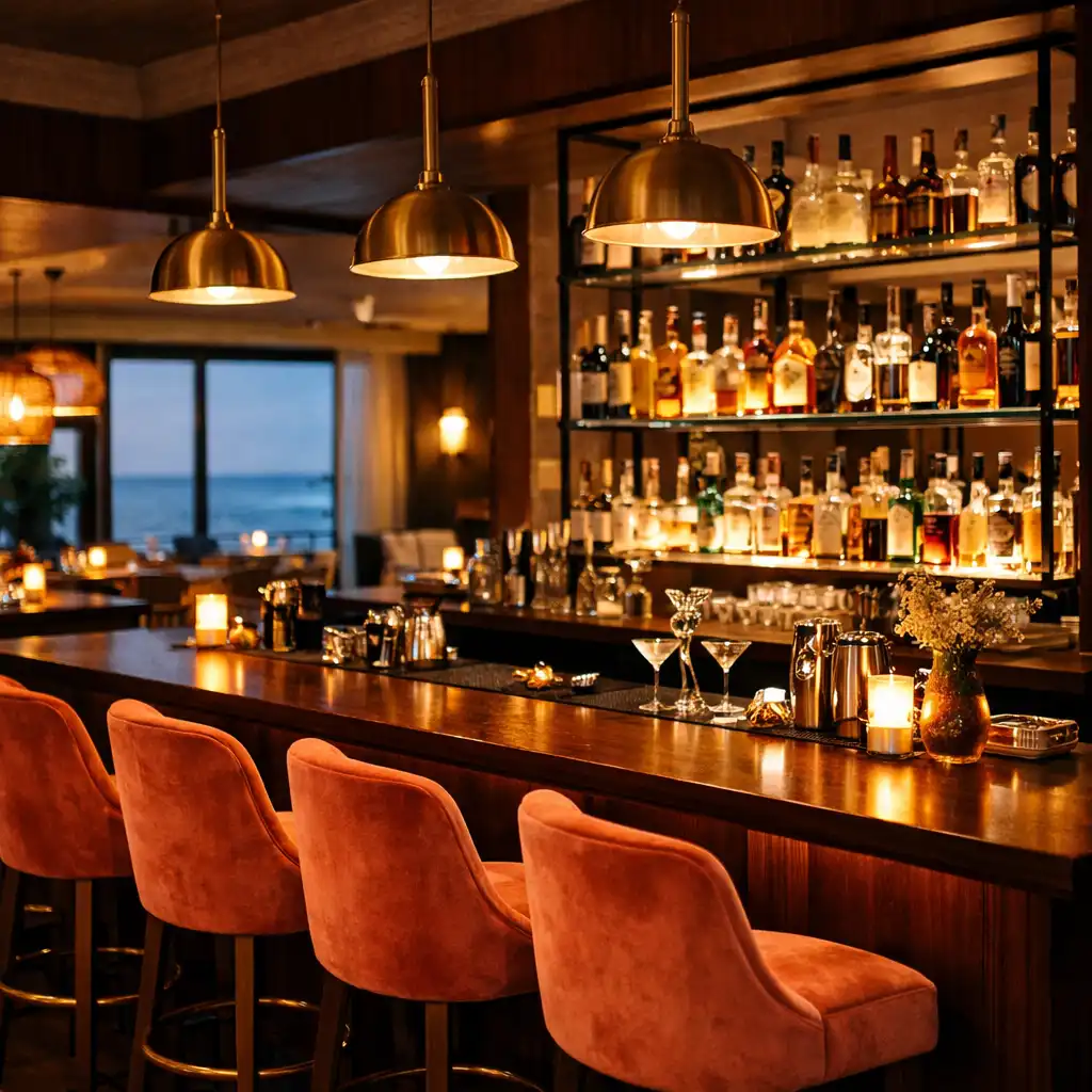 Ambiance feutrée du bar Comptoir Nacre avec comptoir en bois sombre et suspensions en laiton