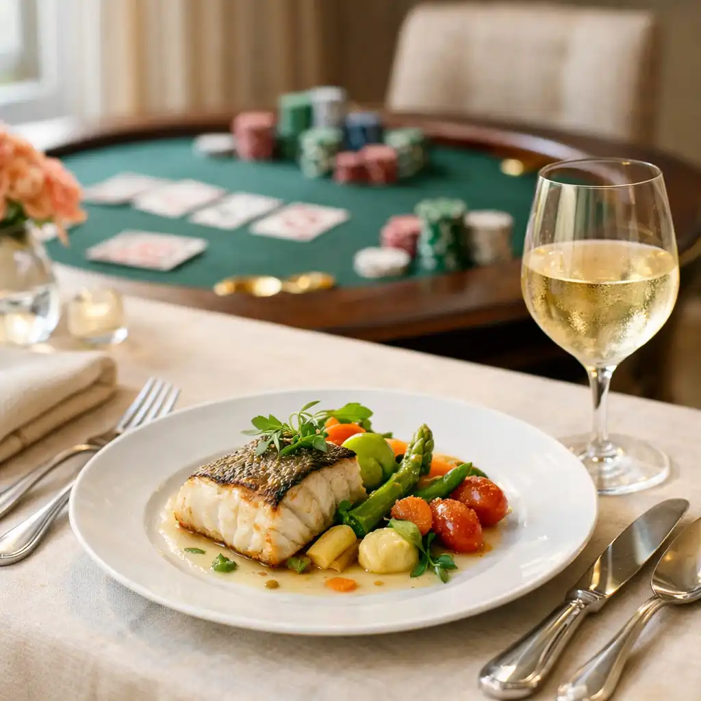 Dîner gastronomique raffiné au Comptoir Nacre avec poisson grillé et verre de vin blanc