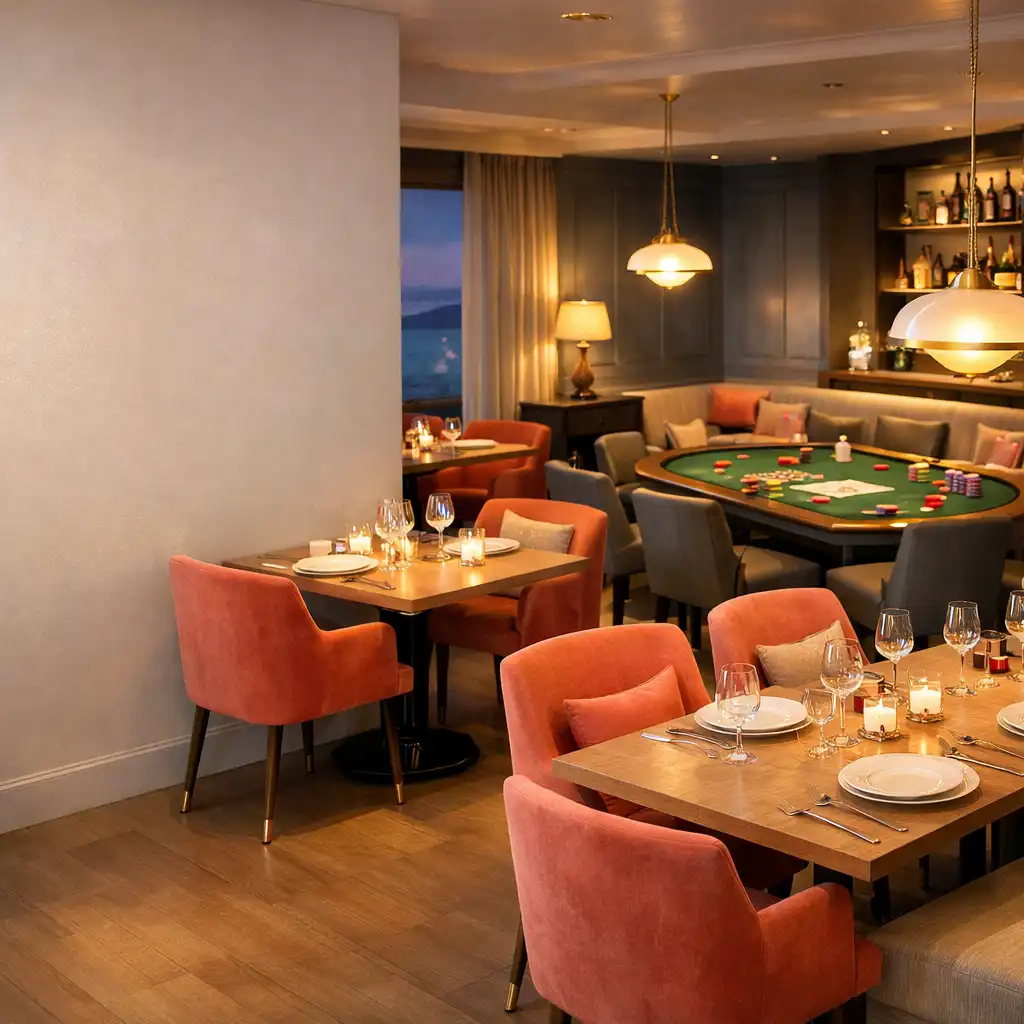 Intérieur élégant du restaurant Comptoir Nacre avec une table de poker en arrière-plan