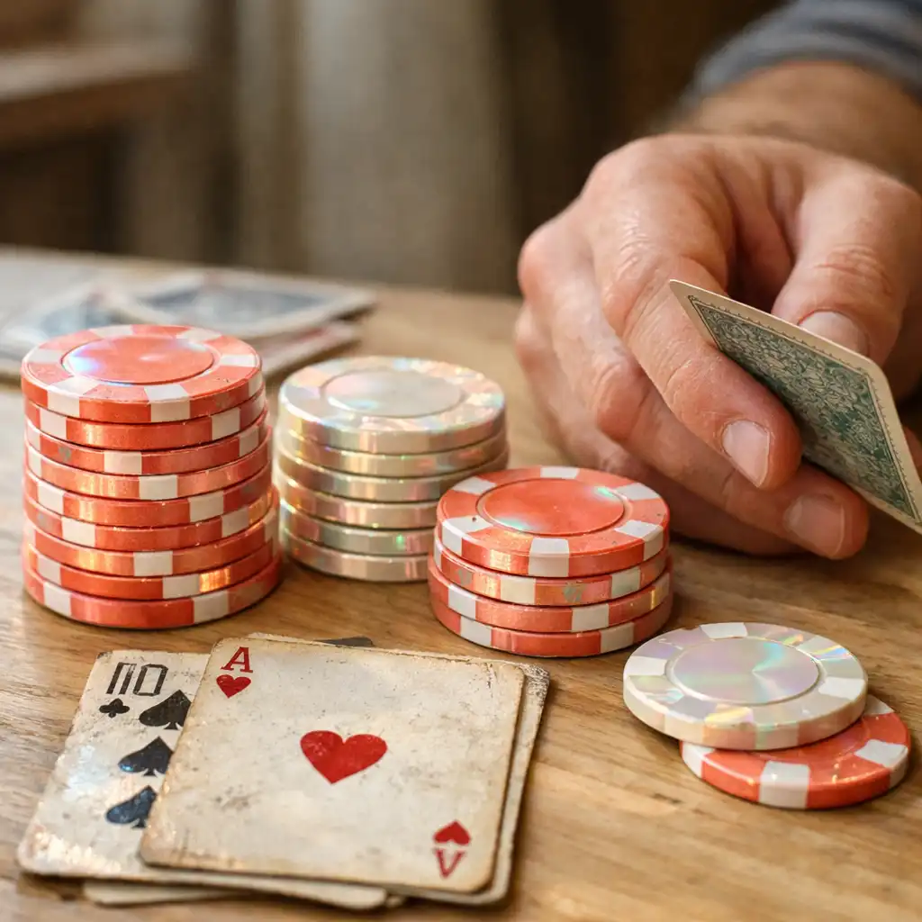 Jetons de poker nacrés et cartes à jouer sur une table en bois clair