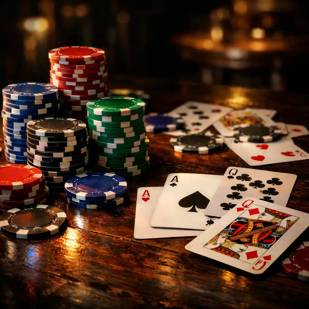 Jetons de poker empilés et cartes à jouer éparpillées sur une table en bois sombre
