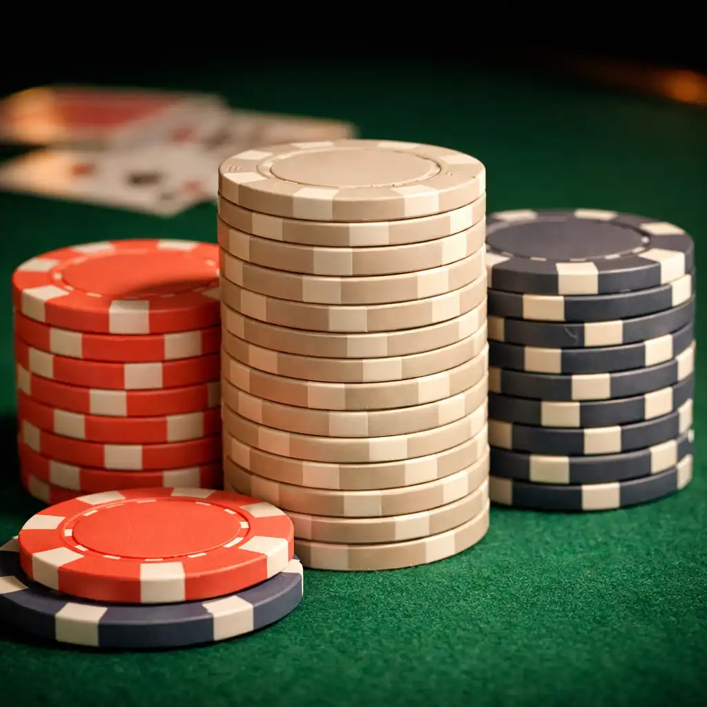 Jetons de poker en céramique empilés sur une table de feutre vert
