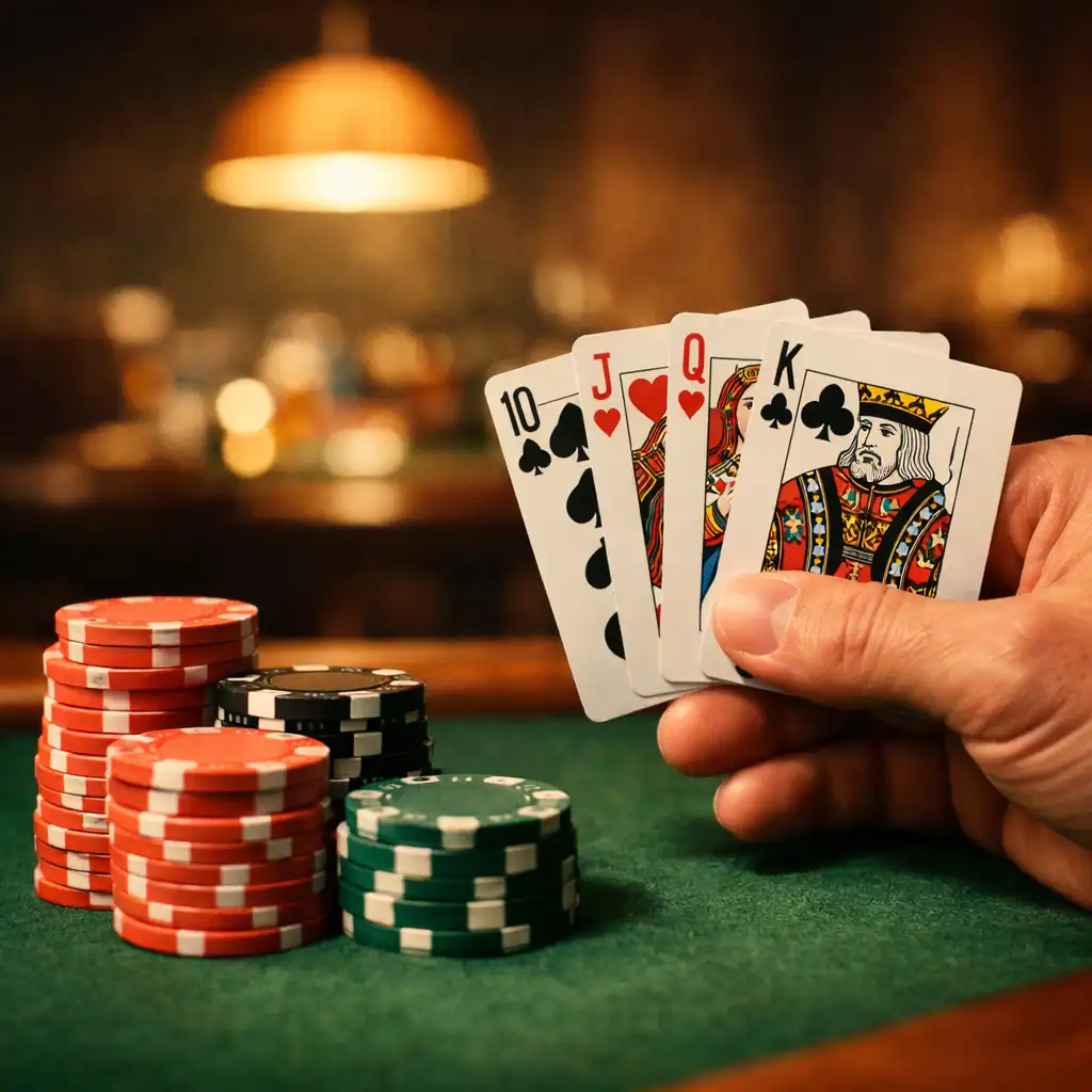 Poker room élégante et sombre avec une table de poker en bois massif, cartes et jetons, éclairage chaud et tamisé