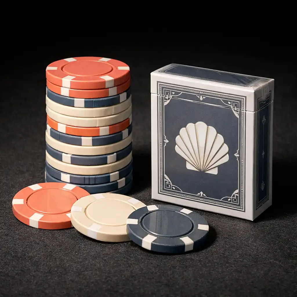 Pile de jetons en céramique aux couleurs de Comptoir Nacre à côté d'un jeu de cartes neuf