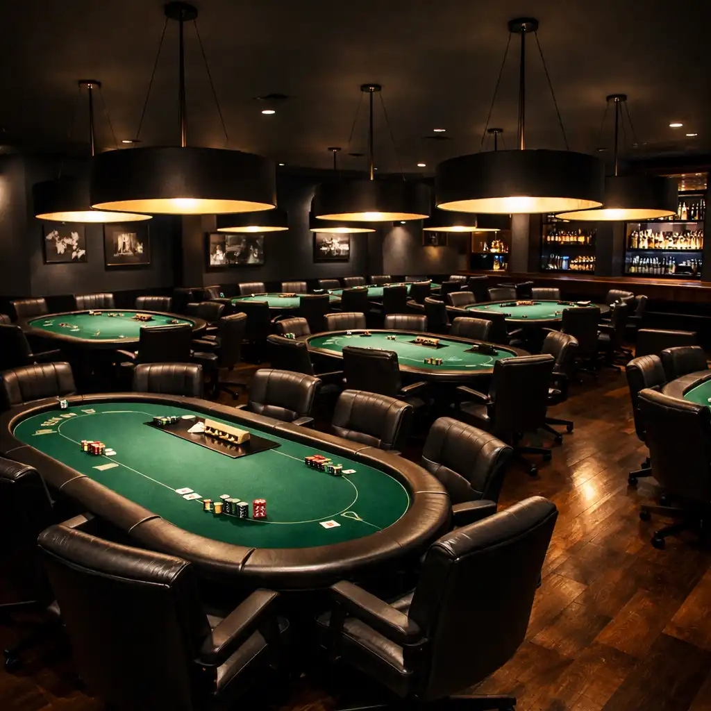Vue d'ensemble de la poker room avec plusieurs tables alignées et leurs suspensions lumineuses
