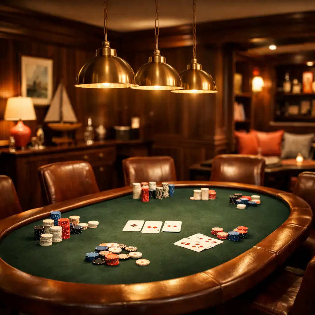 Poker room privée du Comptoir Nacre avec table de poker ovale, jetons nacrés et éclairage chaud