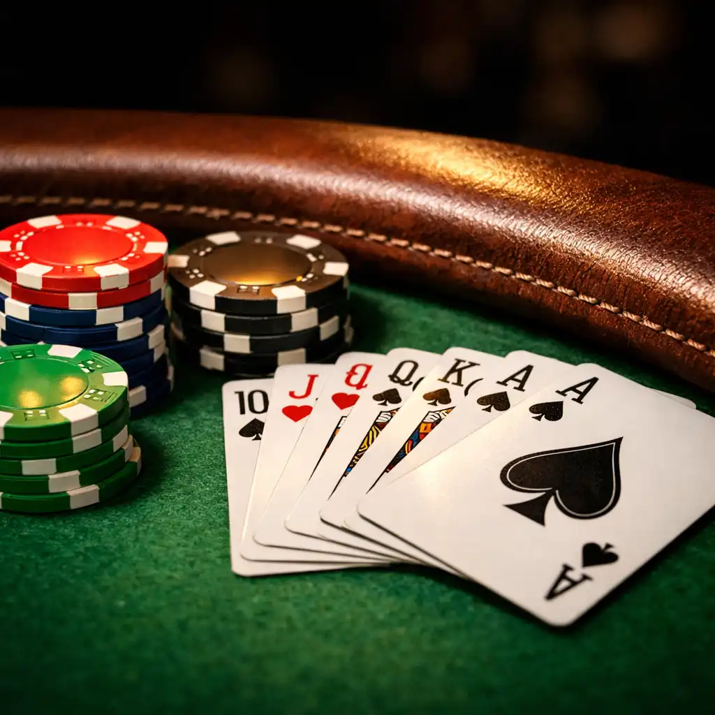 Détail d'une table de poker avec bordure en cuir, feutre vert, jetons colorés et cartes en éventail