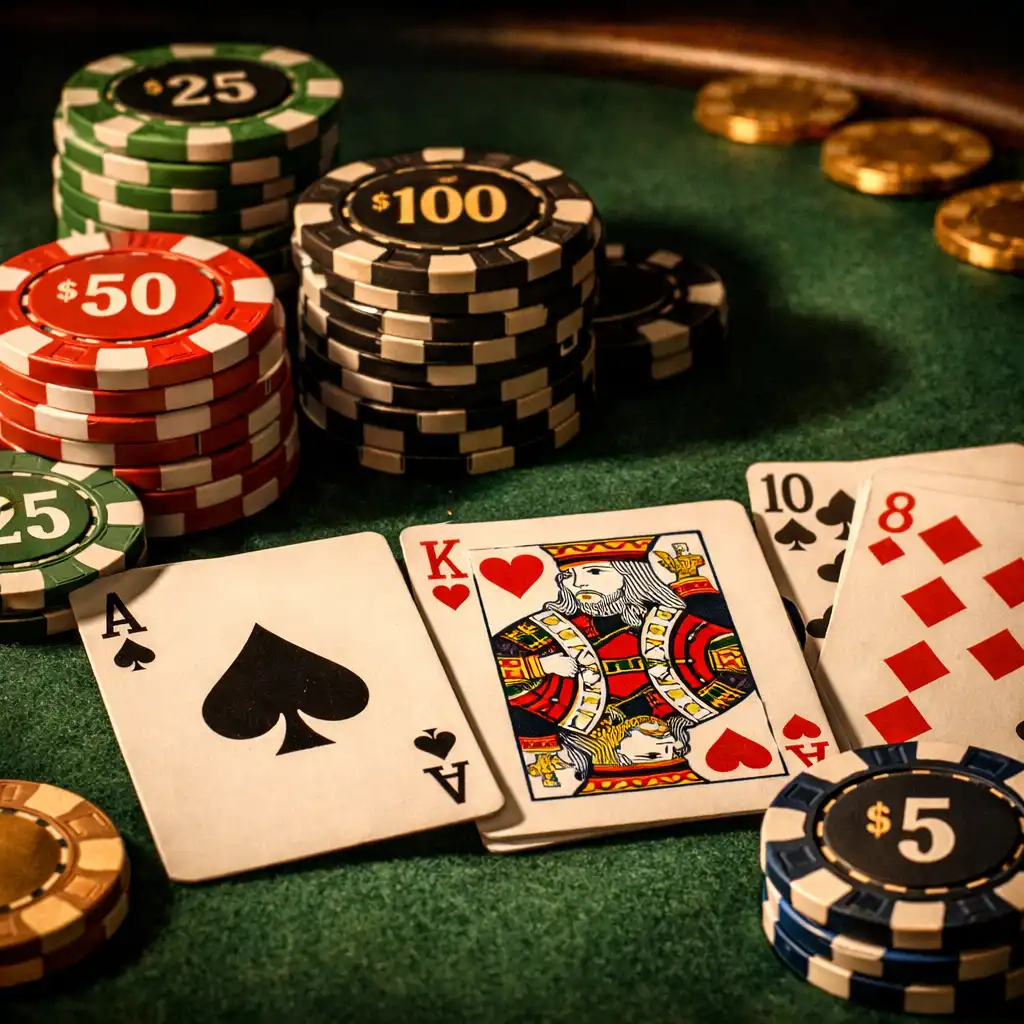Gros plan sur une table de poker avec cartes à jouer et jetons en céramique