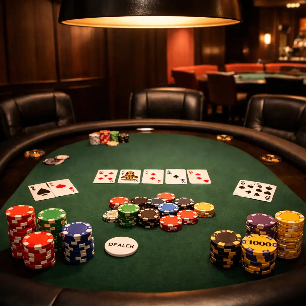 Table de poker professionnelle avec cartes et jetons dans la poker room de Comptoir Nacre