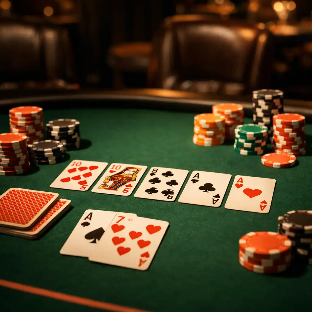 Table de poker professionnelle avec cartes et jetons dans une poker room feutrée