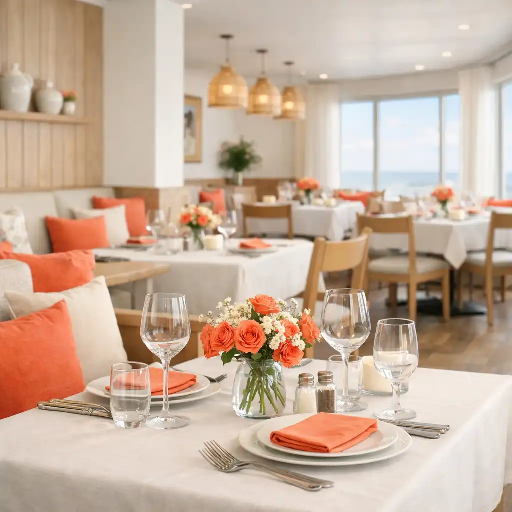 Salle principale lumineuse du restaurant Comptoir Nacre avec tables dressées et touches corail