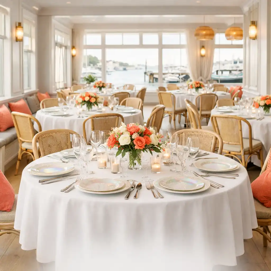Salle de restaurant du Comptoir Nacre préparée pour une réception privée avec tables rondes et lumière naturelle