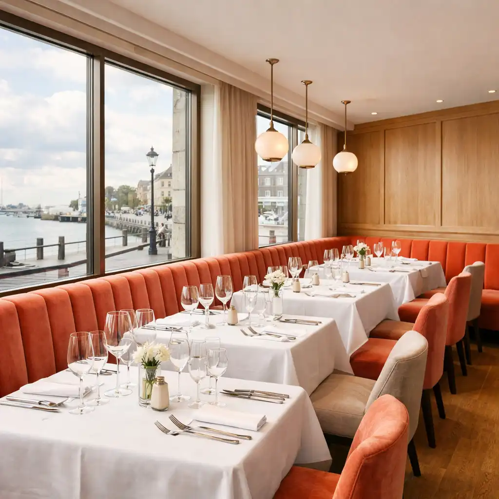 Salle principale du restaurant Comptoir Nacre avec baies vitrées, banquettes corail et tables dressées