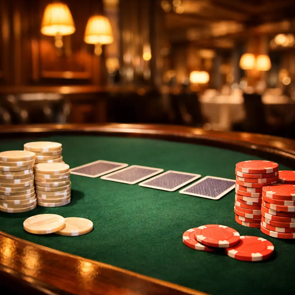 Table de poker élégante avec cartes et jetons nacrés sous un éclairage chaud
